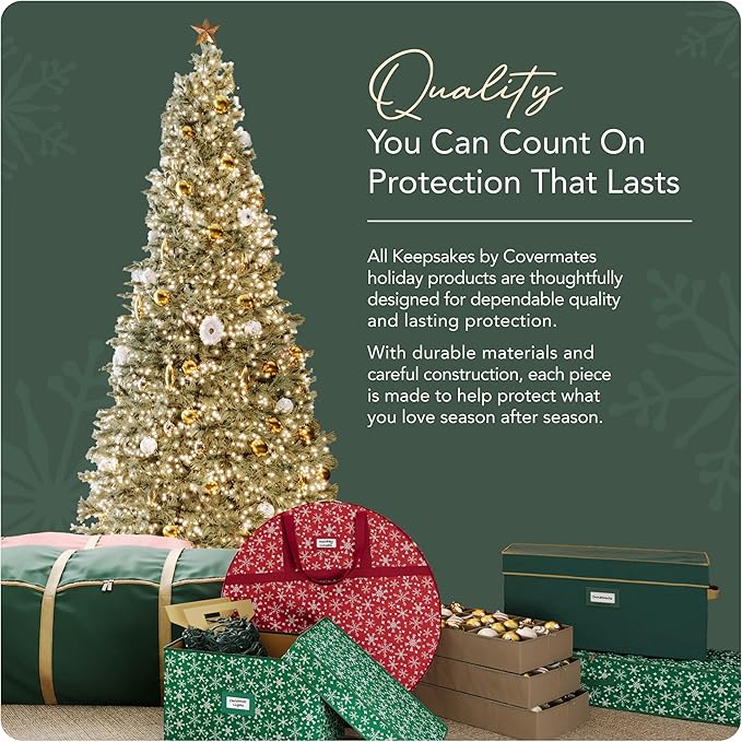Covermates Keepsakes Rolling Adjustable Ornament Storage Bag – Heavy-Duty Polyester, FlexGrid Trays & Padded Dividers – Protective Holiday Organizer with Wheels, Handles & ID Window, Green Snowflake