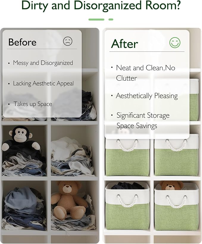 Patvingot 11 Inch Cube Storage Bins, 6 Pack Fabric Storage Cubes with Rope Handles, Organizer Baskets for Closet Shelves, Clothes and Home Organization(White/Green)