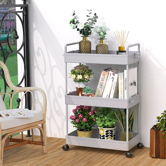 SOLEJAZZ 3 Tier Slim Rolling Storage Cart Organizer with Wheels, Gray | Utility cart for bathroom, laundry, bedside, dorm&narrow spaces. Fits craft, nail, makeup, snack, art, diaper&baby essentials