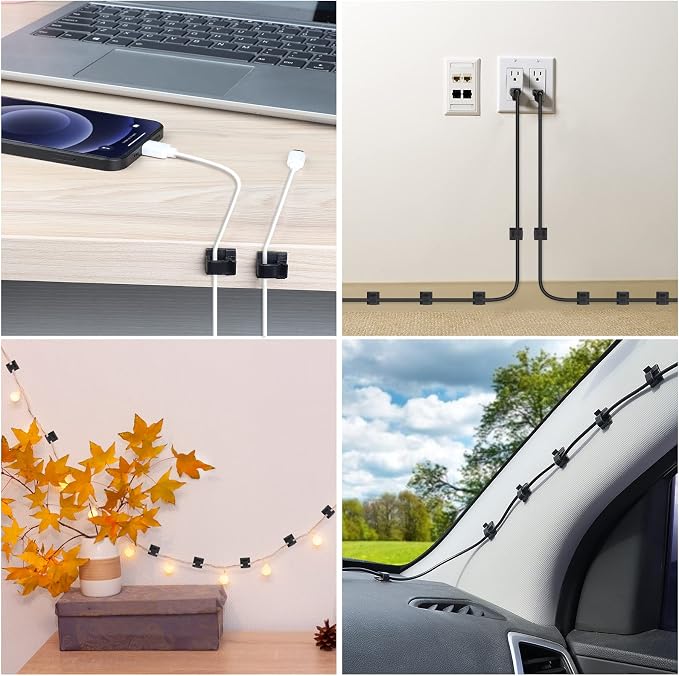 100 PCS Cable Clips, Upgraded Adhesive Cord Clips for Wires on Wall, Strong Wire Clips Holders for Cord Cable Management, Ethernet Cable, TV Coax, Extension Cord, Power Cable (Large, Black)