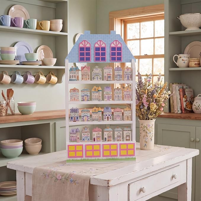 Chunful Vintage White Wooden Spice Jar Rack 4 Tier Hanging Spice Rack 20.9" x 5.9" x 4.5" Wall Mounting Kitchen Village Style Storage Display Shelf for 24 Jar, Kitchen Countertop Decor