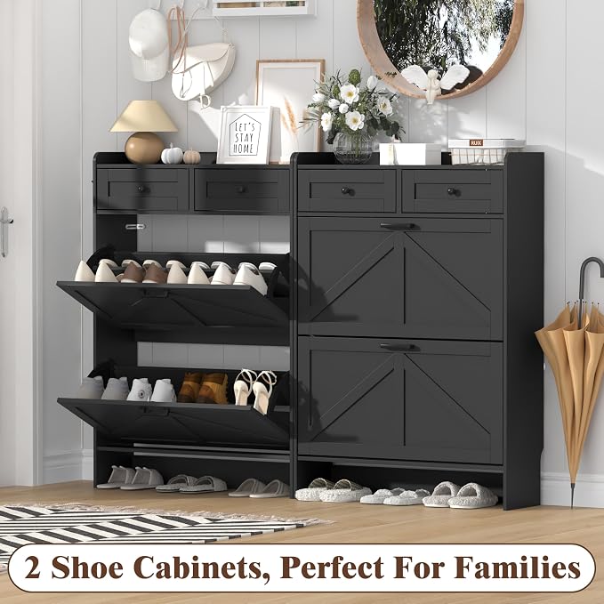 Thacuok Black Shoe Cabinet with 2 Flip Drawers & 2 Storage Drawers, Rustic Farmhouse Narrow Shoe Organizer Cabinet, Slim Shoe Rack Cabinet, Shoe Storage Cabinet for Entryway, Hallway
