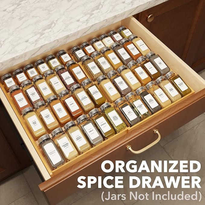 SpaceAid Bamboo Spice Drawer Organizer and Bamboo Drawer Dividers with Inserts and Labels, Kitchen Adjustable Drawer Organizers