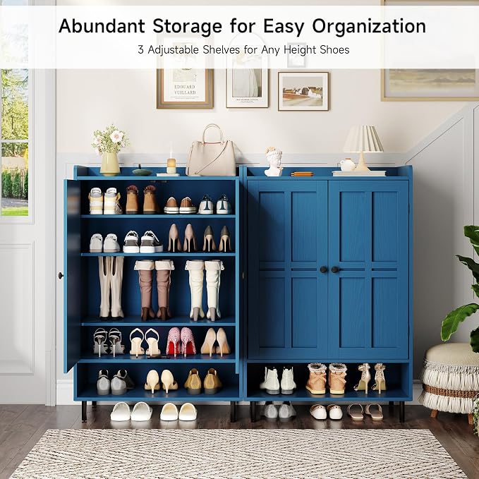 ONBRILL Shoe Cabinet with Cross Molding Doors, 6-Tier Shoe Storage Cabinet with 3 Adjustable Shelves and Metal Legs, 45'' Tall Shoes Rack Organizer Cabinet for Entryway, Front Door, Blue
