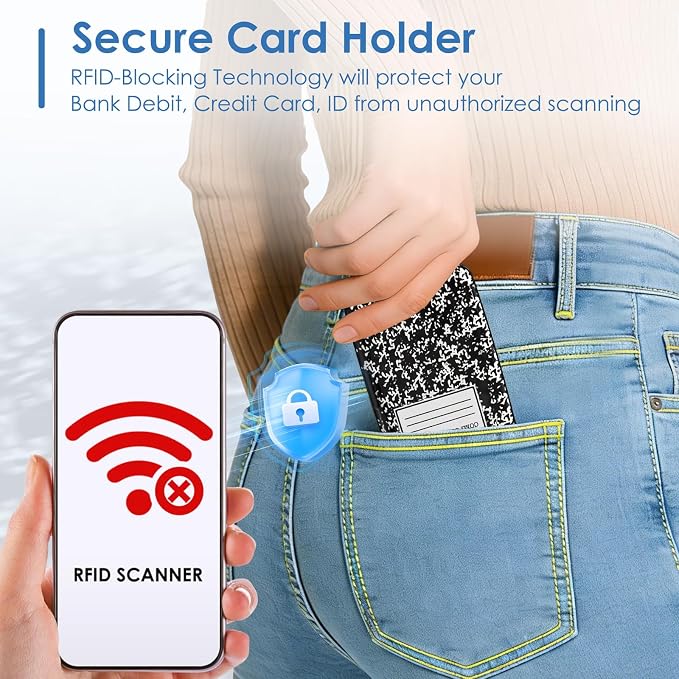 Credit Card Holder, Slim Aluminum RFID Blocking Wallet Debit Card Protector Organizer Metal Case, Black Composition Book