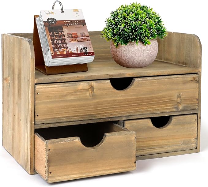 Besti Wooden Office Desk Organizer - Organizing Tool for Desktop, Cubicle, Bedroom, Kitchen - Vintage Style Organization Caddy with Top Tray Shelf & 3 Drawers - 13.6x9x7 Inches (Rustic Burnt)