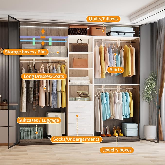 Closet System with 3 Drawers, 5FT-8FT Closet Organizer System Walk in Wooden Closet Storage System with Shelves Expandable Hanging Rods Built-in Closet Corner Wall Mount, White