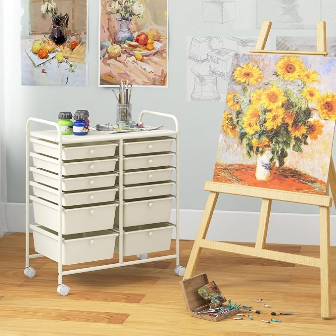 BECOMFORT 12-Drawer Rolling Cart with Drawers, Storage Cart on Wheels, Teacher Classroom Organizers with Metal Frame, Mobile Craft Cart, Trolley Utility Cart for School Office Play Room