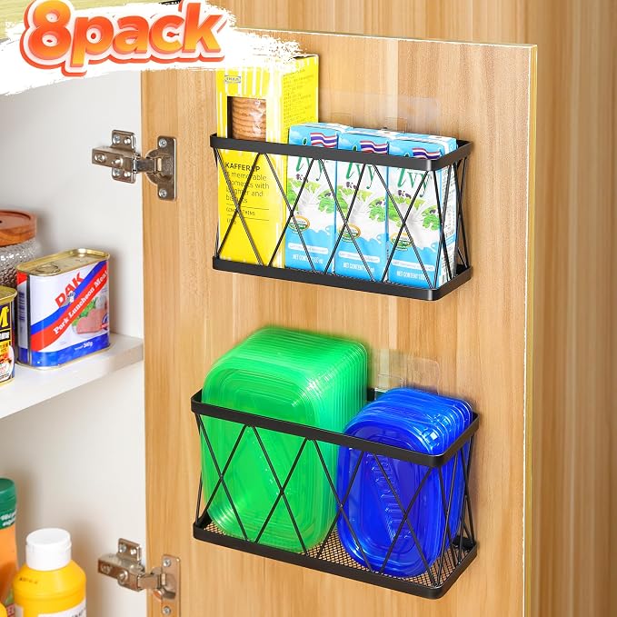 YIGII 8 Pack Inside Cabinet Door Storage, Lid Organizer for Pyrex, Kitchen Bathroom Pantry Storage Organizer Baskets Slim Stainless Steel, Black