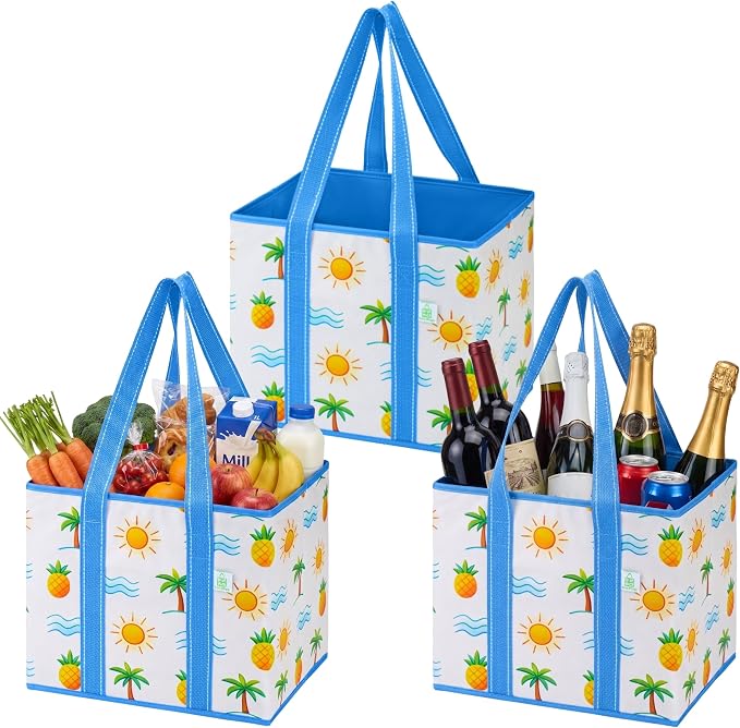 VENO 3 Pack Reusable Grocery Bags, Shopping Bags for groceries, Utility Tote with Handles and Hard Bottom, Foldable Shopping Cart Organizer, Heavy-Duty (Tropical Island, 6 Gallon-3 Pack)