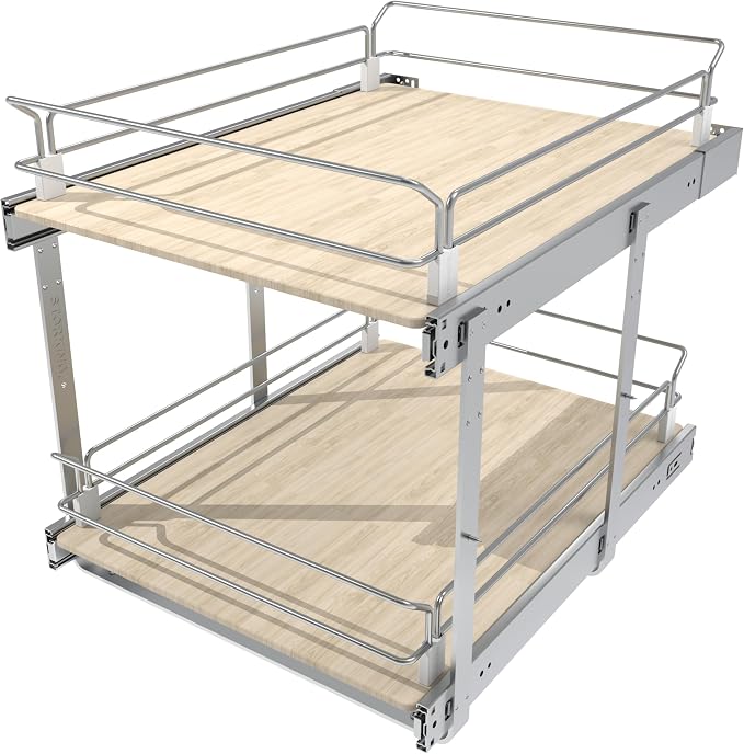 2 Tier Pull Out Cabinet Organizer 14.45" W X 22" D, Wood & Chromed | Full Slide Out Drawers For Kitchen Cabinets, Cabinets Capacity Heavy Duty Caddy, Cabinet Pullout Shelves , Pantry Storage