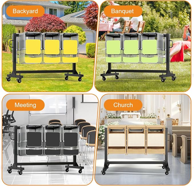 Specraft Folding Chair Rack and Table Cart for 12 Tables or 42 Chairs, 550 lbs Capacity, PU Wheels, Dust Cover, Elastic Cords, Black