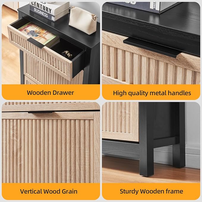 2 Flip Drawers Shoe Cabinet Storage for Entryway, Narrow Shoes Organizer Cabinet for Front Door Entrance, Hidden Wooden Hallway Shoe Rack(Oak&Black)