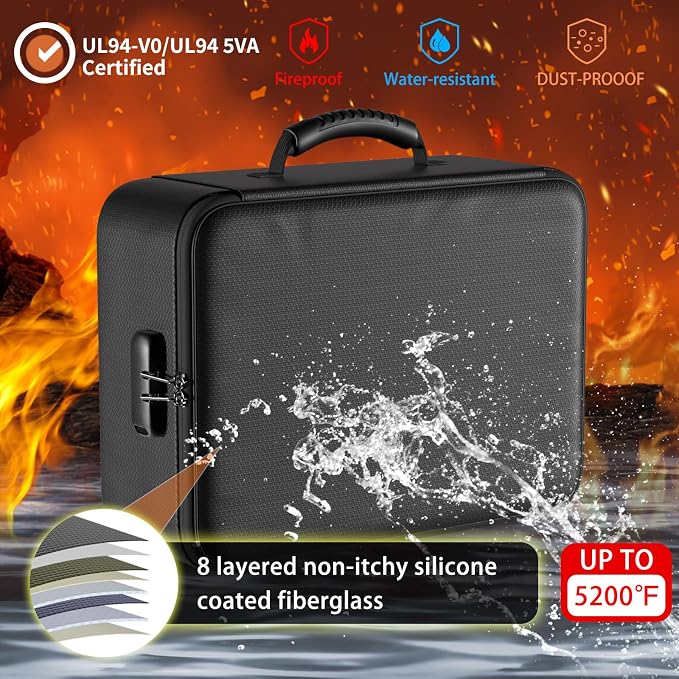 ENGPOW 5200°F Fireproof Document Bag with Lock,8 Layers Heat Insulated | Upgraded File Organizer Fireproof Box,Portable Home Travel Safe Storage for Important Documents,Passport,Laptop, Black(Soft)