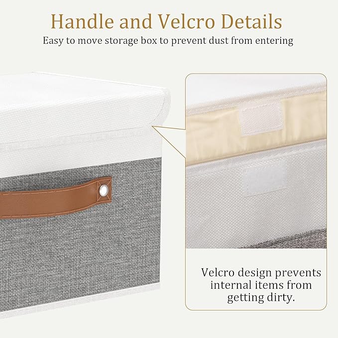 OUTBROS Storage Boxes, Collapsible Storage Bins with Lids, Cotton and linen cloth Storage Baskets with Handle, for Books, Closet, Bedroom, Home, 10.2x7.9x6.7 in, White/Grey