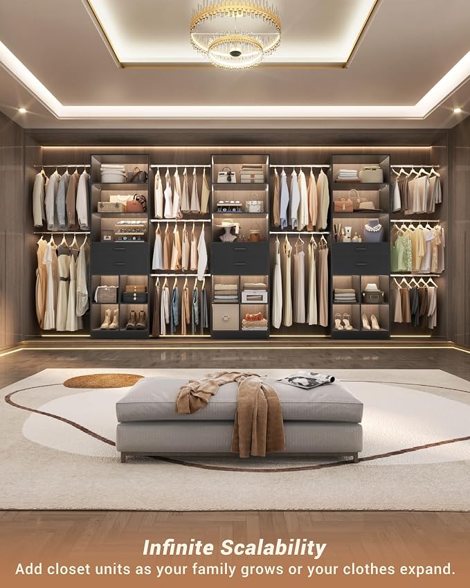 Besiost Small Closet System, 3.2-6.8FT Small Closet Organizer with 2 Wooden Drawers & 5 Hanging Rods, Can Fit 37.5 to 81.9 inch Walk-in Closet System, Built-in, Black, Enclosed Storage Volume 2.32 ft³