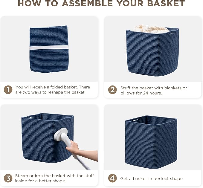 joybest 11inch Cube Storage Bins, Cotton Rope Woven Organizer Basket | Set of 4 Cube Bin Square Shelves Organizer Closet Storage, Nursery, Toy Organization, Navy Blue