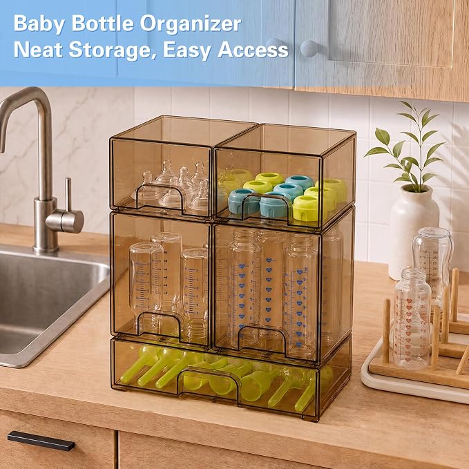 Baby Bottle Organizer, 5 Pack Tea Brown Acrylic Stackable Storage Drawers, Baby Bottle Storage Organizer for Countertop, Nursery, Vanity & Cabinet