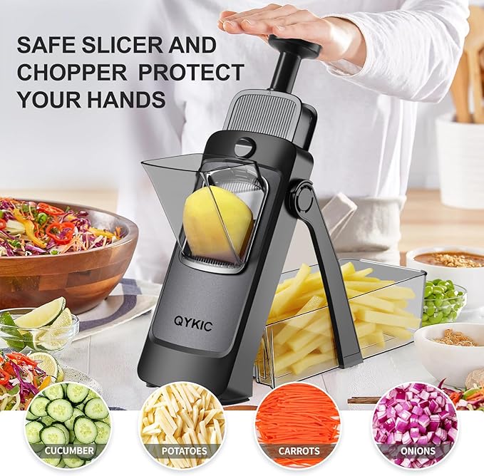 QYKIC Upgrade Safe Mandoline Slicer,Vegetable Chopper,Potato Slicer, Onion Chopper with Drain Basket Storage Container, Cheese Grater Kitchen Chopping Artifact (DeepBlack)