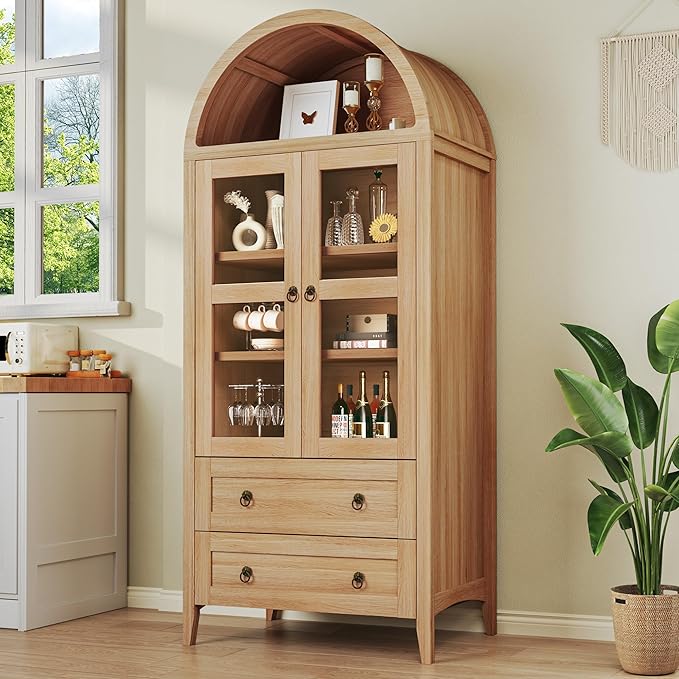 HUAHUU 71" Tall Pantry Cabinet, Arched Cabinet, Kitchen Storage Cabinets with 2 Large Drawers & Adjustable Shelves & Glass Door for Living Room, Kitchen, Dining Room, Natrual
