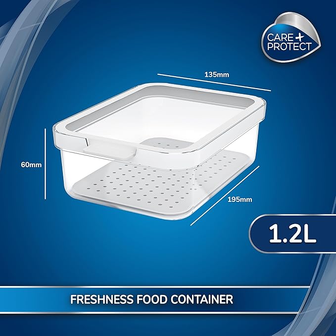 CARE + PROTECT Smart Food Container, Perfectly Stackable, Fridge Organiser, Protect Food From Moisture, Keep Food Fresh Longer 1.2L