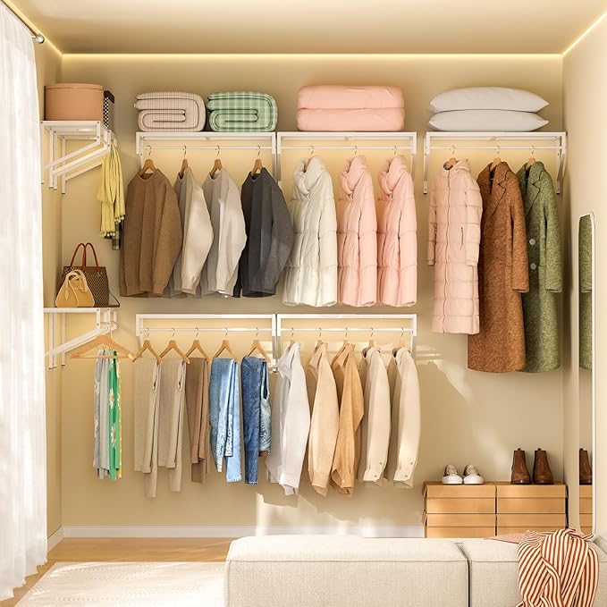 ThreeHio Expandable Closet Shelves Wall Mounted, 2 Pack Closet Shelving with Hanging Rods, Wall Shelving for Walk-in Closet, Hanging Shelves Organizer and Storage for Closet, Laundry