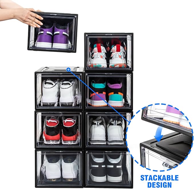 12 Pack Shoe Boxes, Clear Acrylic Plastic Shoe Boxes Stackable, Space-Saving Foldable Drop Front Shoe Storage Boxes Container for With Lids Fits Up to Size 15 (Dark Black)