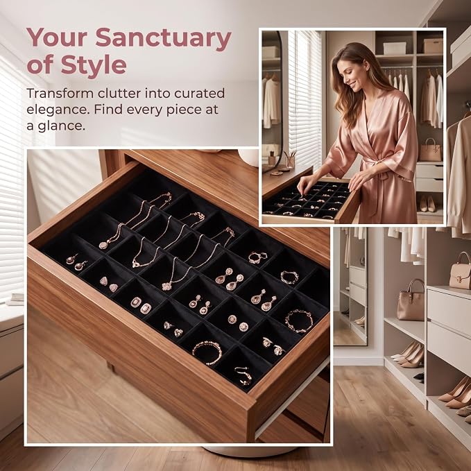 Ipetboom 1 Set Jewelry Tray Organizer, Velvet Storage Divider for Drawers Boxes, Showcase Display Insert Grid Lattice Separators for Rings Earrings Necklaces Bracelets Holding