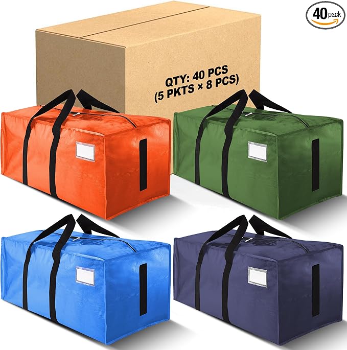 HOMESURE Supports 200lbs Heavy Duty Moving Bags - Strong Zipper & Wrap-Around Handles - Water-Resistant Storage Totes, Durable Alternative to Moving Boxes- 40 Pack -Multi-Color System for Easy Sorting