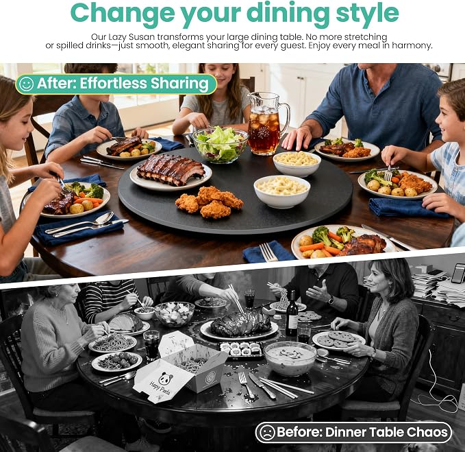 27.6" Lazy Susan Turntable – 360° Sinteredstone Silent Anti-Slip Turntable, Table Top Centerpiece for Kitchen, Pantry, Spice Rack, Refrigerator & Dining Table, Black