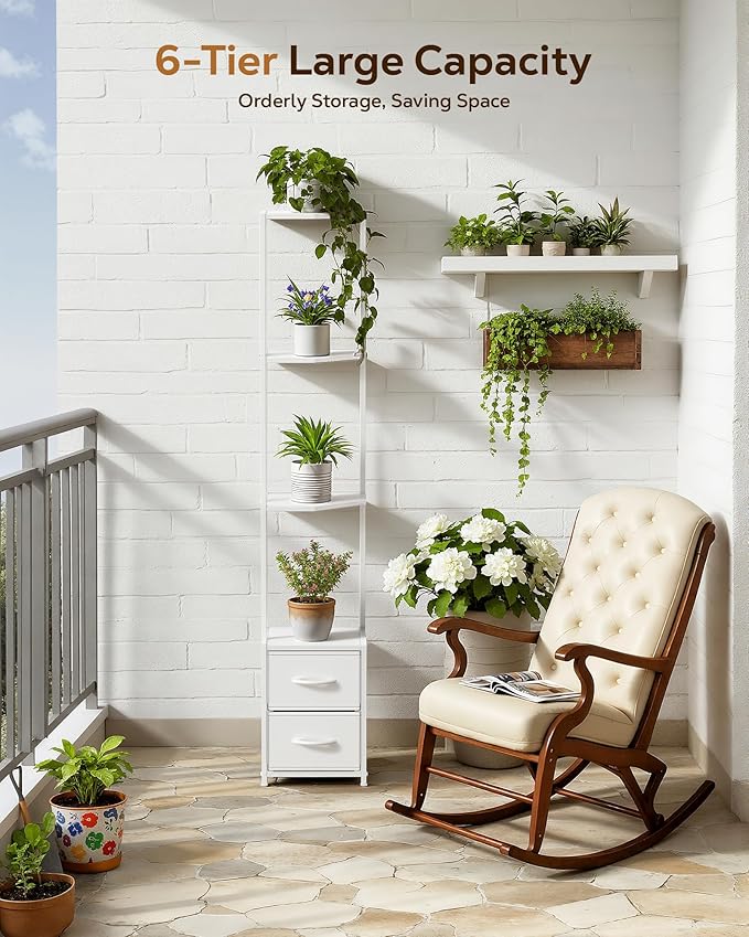 Housolution Corner Shelf Stand with Storage, 63.4'' Tall 6-Tier Corner Bookshelf Includes Fabric Drawers, Freestanding Corners Storage Shelf for Living Room Bedroom Kitchen Bathroom (White)