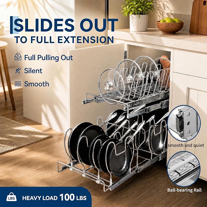 Garvee 2 Tier Pull Out Pots and Pans Organizer, 12" W *22.5" D | Adjustable Dividers, Slide Out Cookware and Storage Organizers for Kitchen Cabinets, Pot and Pan Holder Rack