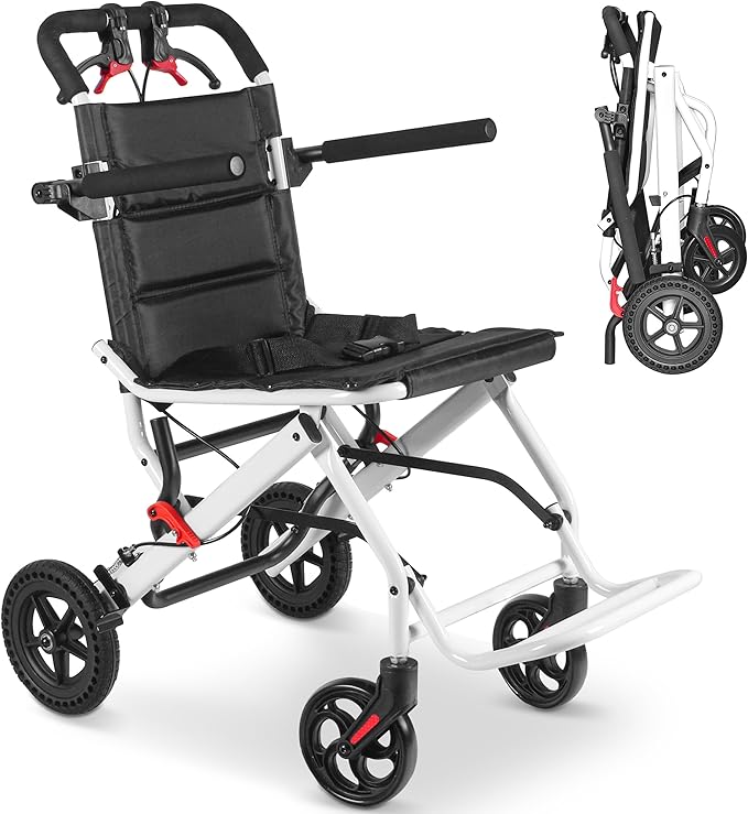 Compact Ultra-Lightweight Portable Transport Wheelchair Foldable Travel Wheelchairs with Handbrake for Adults and Seniors（White）