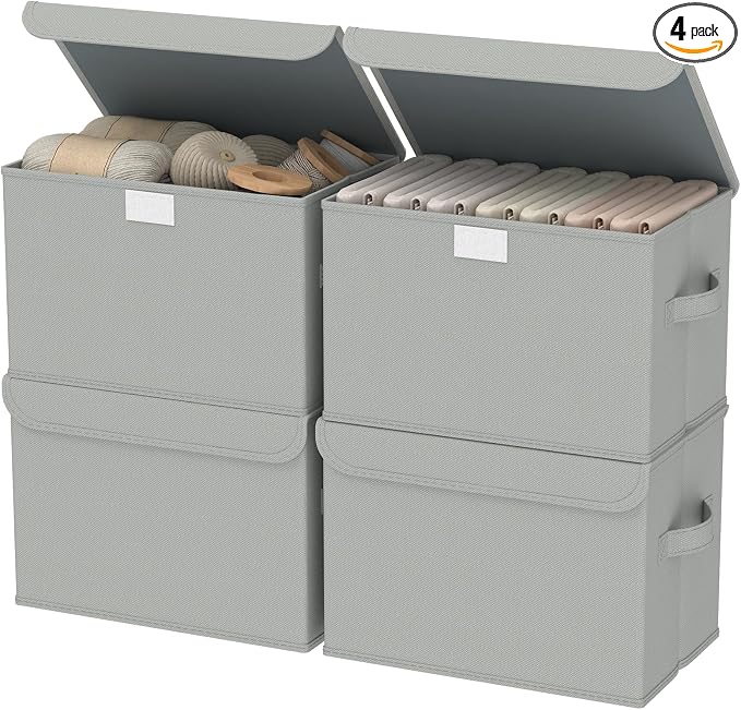 Storage Bins with Lids for Organizing, 4 Pack, Grey, 15x9.8x9.8 In | Closet Boxes with 2 Carrying Handles and Sturdy Heavy PP-board, Home Organizers Cubes for Clothes, Towels, Blanket