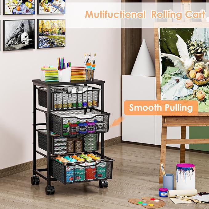 Sbanmao Utility Cart with 4 Drawers, Rolling Storage Cart, Metal Rolling Drawer Cart with Lockable Wheels and Wooden Tabletop, Craft Storage Art Cart for Living Room, Bedroom, Classroom, Office Black
