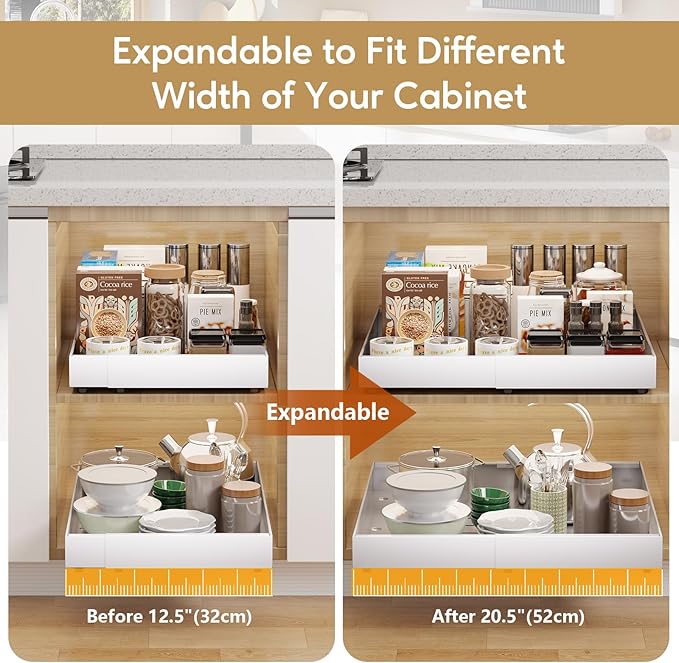 2 Pack 21" Deep Pull Out Cabinet Organizer, Expandable(12.5"-20.5") Slide Out Drawer, Pull Out Drawer Storage Organizer with Adhesive for Kitchen Bathroom Home, White