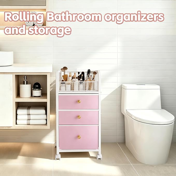 Rolling Makeup Vanity Cart, Makeup Organizer with Drawers, Rolling Makeup Bathroom Storage Cart, Cosmetic Vanity Display Cases Holder for Nail Polish Brush Hair Tool (Pink)