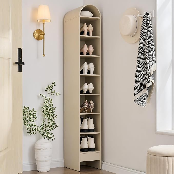 IFGET 67" Tall Arched Shoe Storage Cabinet, 8 Tiers 8 Pairs Wooden Shoe Rack with 3 Adjustable Shelves, Freestanding Shoe Closet Shelf Organizer for Entryway, Hallway, Living Room (Cream)