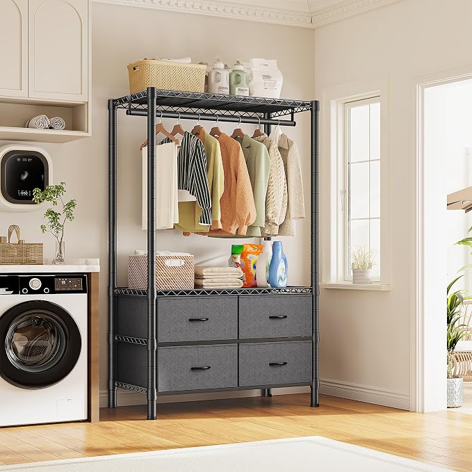 Raybee Clothes Rack, Portable Closet for Bedroom, Dorm, 4 Drawers 4 shelves | Heavy Duty, Tool-Free Assembly, Freestanding, Multi-Function, Adjustable, DIY Layout, Space Saving, Hanging 50+ Clothes