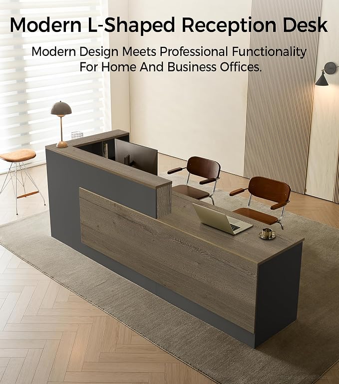 Modern L-Shaped Reception Desk with Counter - 79 Inches Front Desk with Storage Cabinet, Open Shelves, Lockable Drawer & Keyboard Tray for Office, Lobby, Checkout (Tobacco Wood & Iron Gray - Right)