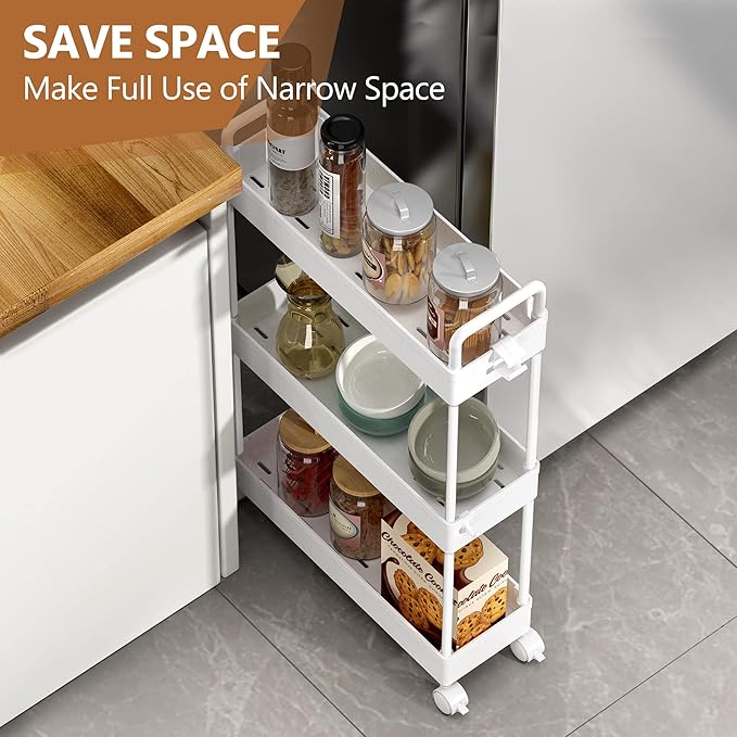 SOLEJAZZ Slim Rolling Storage Cart Skinny Bathroom Organizer, 3 Tier, White | Thin utility cart with wheels for bathroom, laundry room, bedside, kitchen, dorm, office, next to fridge, small narrow places
