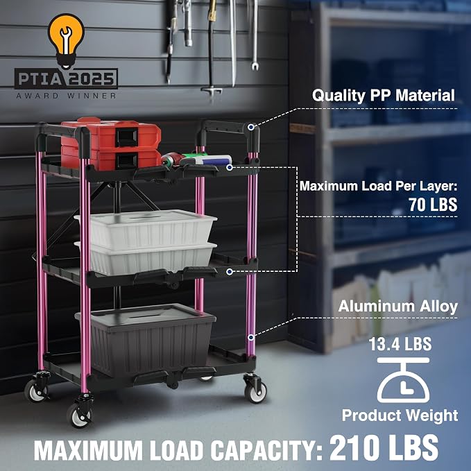 WORKPRO 3-Tier Collapsible Service Cart, Black/Pink, 210 LBS Foldable Utility Cart with Wheels, Portable Rolling Tool Cart for Garage, Warehouse, Home, Restaurant and Office (No Assembly Required)