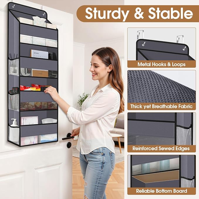 WISELIFE Over The Door Organizer Storage with 4 Large Pockets Door Hanging Organizer with Clear Windows behind The Door Storage for Nursery Bedroom Bathroom Pantry Closet and Baby Essentials Dark Grey