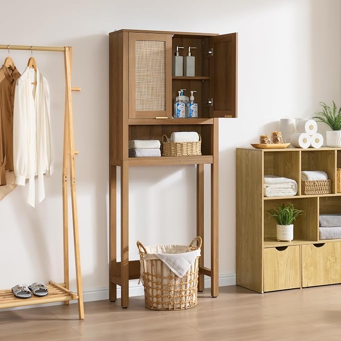SICOTAS Over the Toilet Storage Cabinet, Rattan Door Bathroom Organizer | Freestanding Bathroom Organizer with Adjustable Shelf, Over Toilet Storage Cabinet for Bathroom, Laundry Room, dnd Restroom