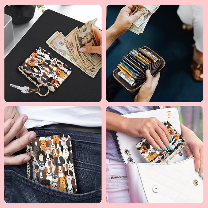 Blusabaca RFID Credit Card Holder Small Women Travel Wallet, Dog Puppy | Removable Keychain, Case with Zipper, Vegan PU Leather, Cash Coin Pocket, Business Accordion Purse, Ladies Female Gift