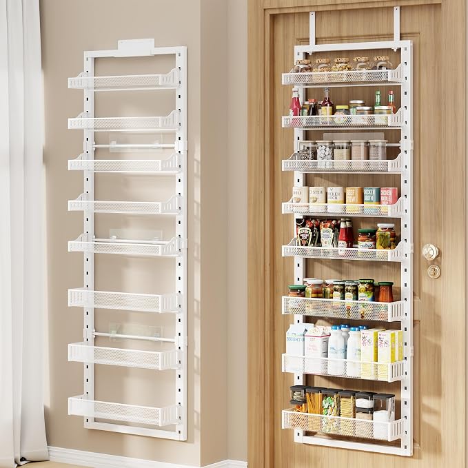 8 Tier Pantry Door Organizer, 2 IN 1 Over the Door Pantry Organizer with Metal Adjustable Baskets,Spice Rack Wall Mount or Door Organizer, Door Spice Rack for Pantry