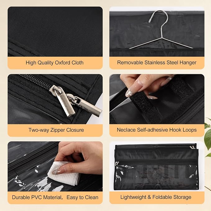 Hanging Jewelry Organizer Storage Roll 41 Pockets and 7 Necklace Hooks with Detachable Hanger Double-Sided Foldable, Travel Jewelry Holder for Earrings, Rings, Bracelets, Hanging on Closet, Wall, Door