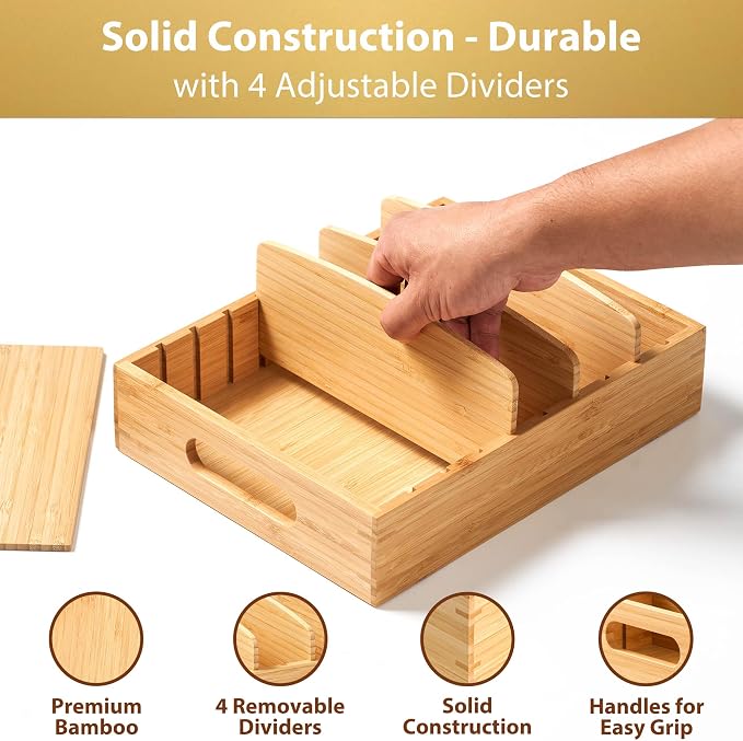 Umilife Bamboo Food Container Lid Organizer for Kitchen Cabinet and Drawer | Adjustable Slots - Premium Bamboo, Pretty Color - Sturdy Versatile Caddy for Snack, Spice - Anti-Skid Silicone Pads