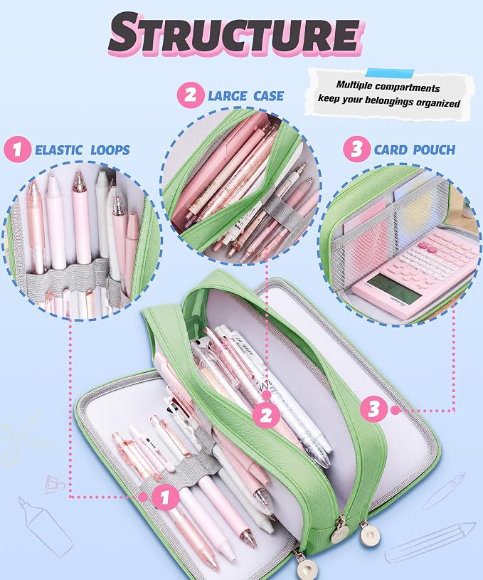 FAHZON Cute Pencil Case, 3 Large Compartments Pencil Pouch, Elastic Pen Slots&Mesh Pockets for Stationery, Pencil Bag for School Supplies with Zipper for Girls Boy Women Teens Adults-Green