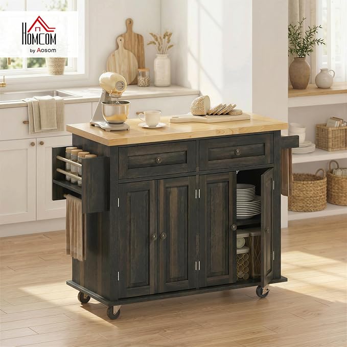 HOMCOM Kitchen Island Cart with Solid Wood Top, 44" Mobile Kitchen Island Table on Wheels with Storage Cabinets, 2 Drawers, Adjustable Shelves, Spice Rack & Towel Bar for Dining Room, Brown Oak